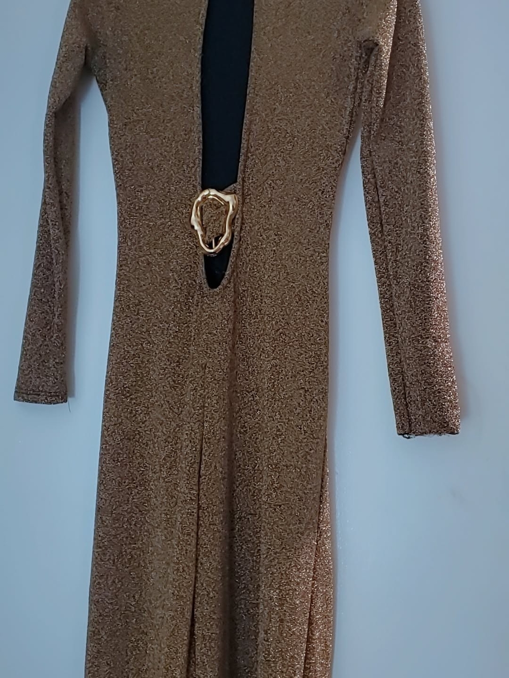 Metallic Gold Long Sleeve Plunge Midi Dress with Decorative Buckle